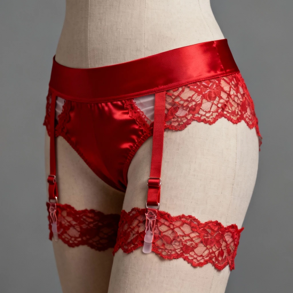 Elegancka czerwona podwiązka z satyny i ażurowej koronki, założona na neutralny manekin, ułożona tak, że wyraźnie widać szeroki, elastyczny pas z niewidocznym silikonem od wewnątrz oraz delikatne klipsy bez ostrych krawędzi, na jednolitym szarym tle, oświetlenie boczne podkreślające detale.