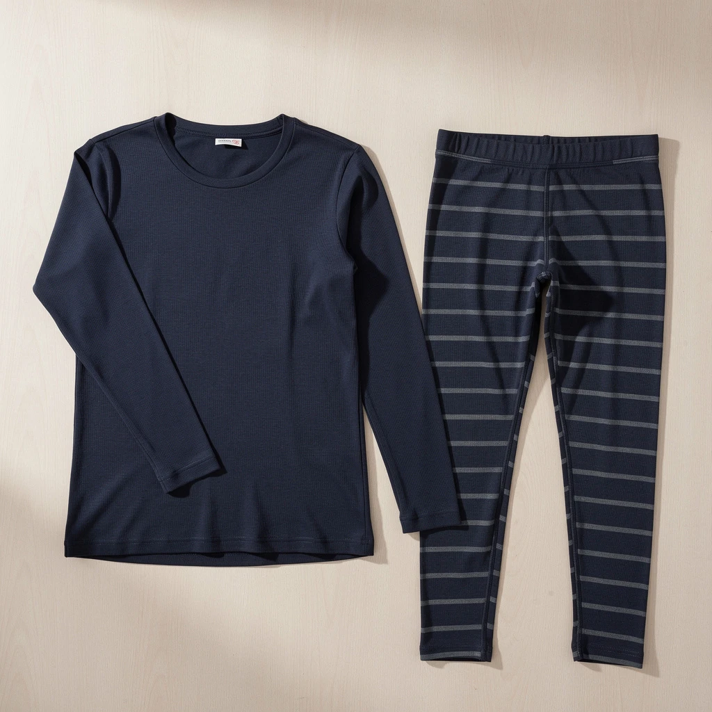 Zestaw pościelowy: rozłożona damska bielizna termoaktywna na minimalistycznym drewnianym tle. Skład: koszulka z długim rękawem w kolorze granatowym i legginsy w szare paski, ułożone płasko obok siebie. Widoczne sploty materiału i ich struktura, brak ludzi, napisów i dłoni. Kadr z góry.