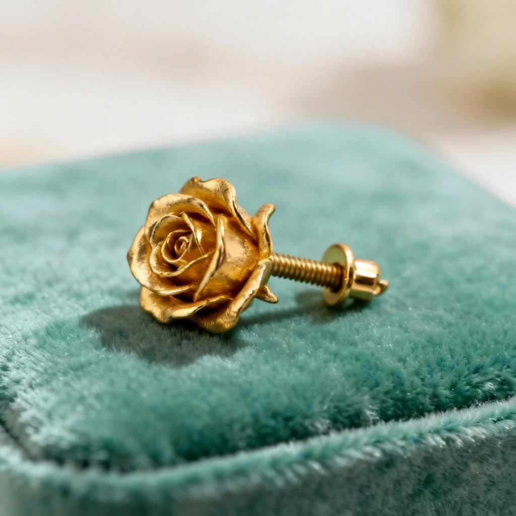 Makroskopowe zdjęcie prezentujące złoty kolczyk wkrętkę w kształcie róży na seledynowym aksamicie. Zapięcie śrubowe wyraźnie widoczne, całość na rozmytym jasnym tle. Kadr poziomy.
