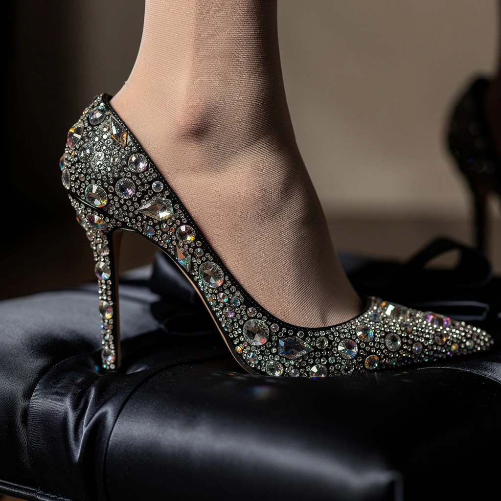 Fokus na detale: Elegantckie czarne szpilki wysadzane kryształem, unoszące kusą nylonową pończoszkę na ukłonie z cieniem na satynowej poduszce. Detail shot.