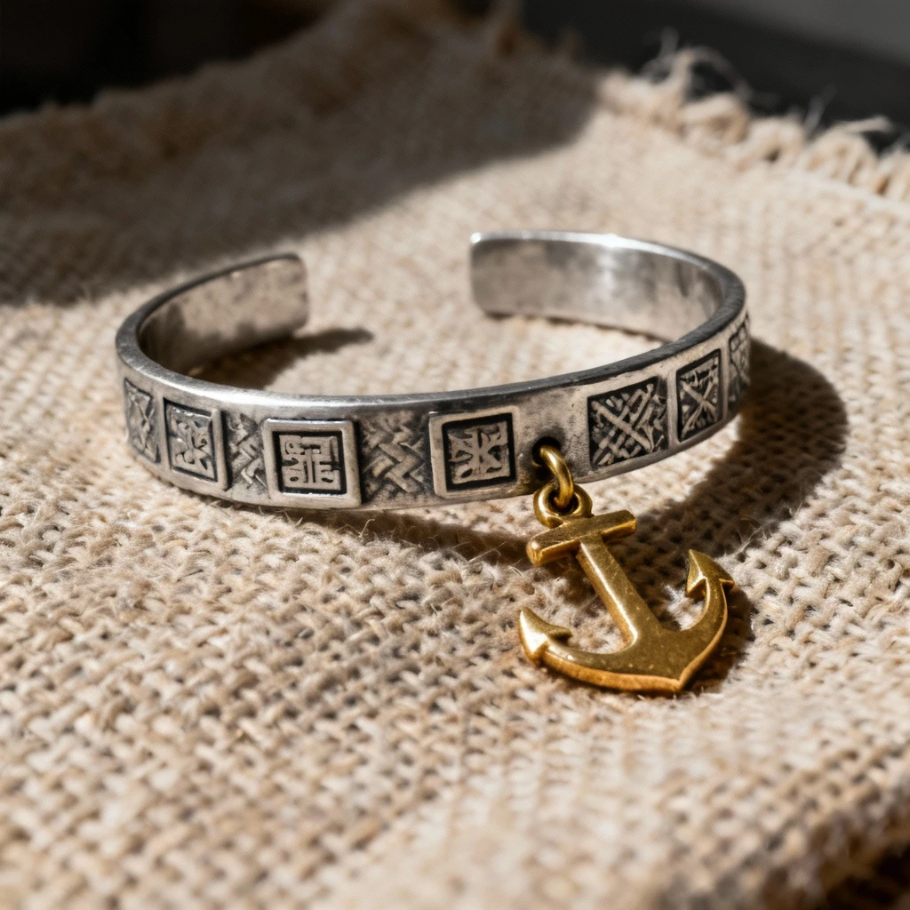 Zbliżenie na srebrną bransoletkę z grawerem kwadratu i złotą zawieszką w kształcie kotwicy na tle naturalnego płótna; detale wykonania widoczne pod ostrym światłem; perspektywa podkreślająca kontrast między metalem a tkaniną