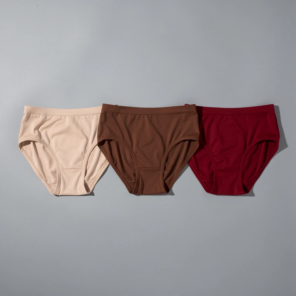 Zestaw trzech par majtek w różnych odcieniach ułożonych poziomo: jasny beż, średni brąz, głęboka czerwień. Wszystkie gładkie, bezszwowe. Kadr z góry na szarym tle, naturalne światło.