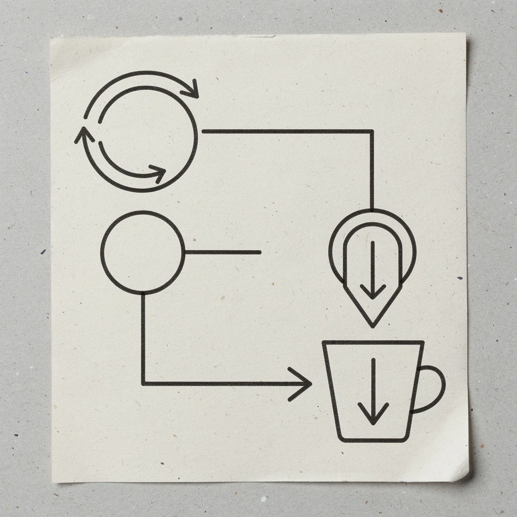 Schemat blokowy przedstawiający zasadę przeliczania: strzałka w górę przy obwodzie + strzałka w dół przy miseczce i odwrotnie. Minimalistyczna grafika na neutralnym tle bez tekstów.