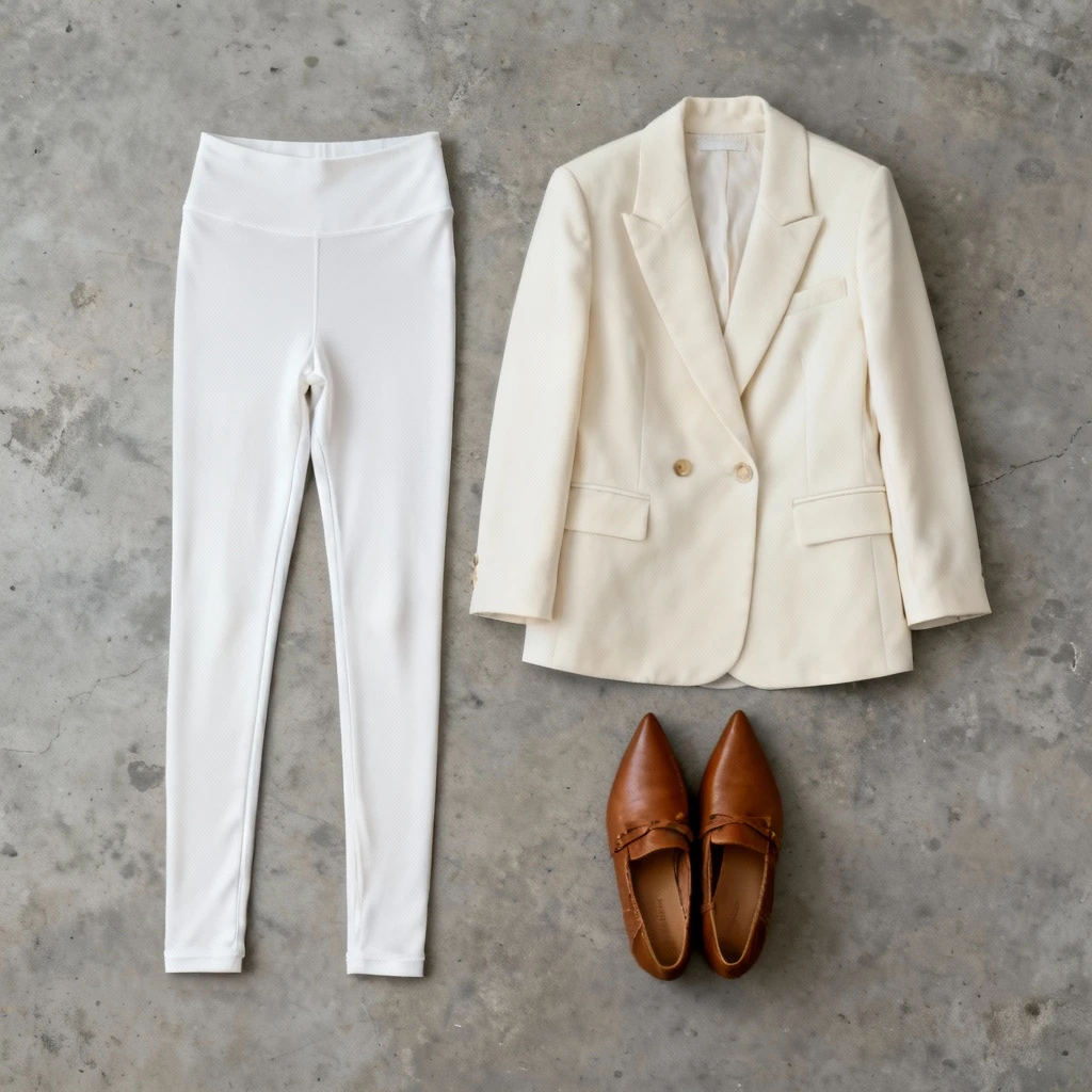 Kompozycja produktowa: gładkie mlecznobiałe legginsy z wysokim stanem ułożone obok kremowej marynarki z jednorzędowym zapięciem i szpiciastych mokasynów w kolorze karmelu. Tło w odcieniu szarego betonu z fakturą. Oświetlenie studyjne, ostrość na detalach materiałów. Kadr zamknięty, widok z góry.
