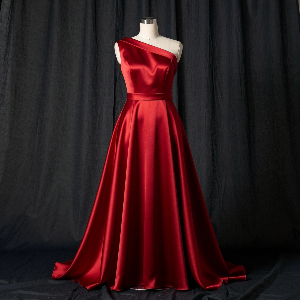 Elegancka, długa, czerwona sukienka o kroju trapezowym (A-line), wykonana z ciężkiego, matowego jedwabiu. Sukienka jest rozłożona na manekinie bez głowy, w sposób ukazujący jej strukturę i dół. Tło to ciemna, tekstylna zasłona, nadająca intymności. Sukienka ma dekolt w szecie i odcina się pod biustem, podkreślając talię.