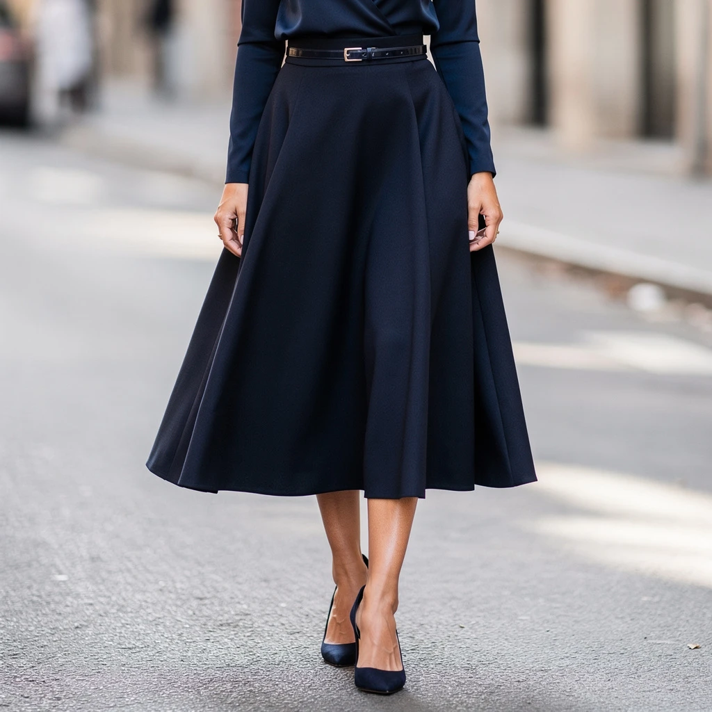 Kobieta w eleganckiej, rozkloszowanej spódnicy midi w ciemnym kolorze (np. granatowej) z wyraźnym paskiem w talii. Do tego ma dopasowaną bluzkę z dekoltem V i długim rękawem, w tym samym ciemnym odcieniu. Całość uzupełniają szpilki. Zdjęcie skupia się na sylwetce: podkreślonym pasie i pięknie opływającej spódnicy, z lekko odsłoniętym dekoltem.
