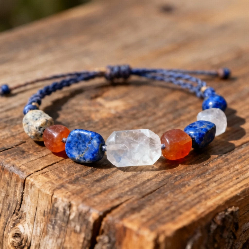 Bransoletka przyjaźni z kamieniami naturalnymi (lapis lazuli, kwarc, karneol) na drewnianej powierzchni, widok zbliżeniowy bez tła