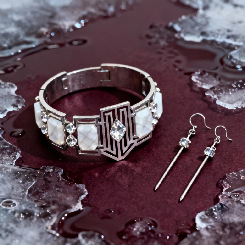 Wyrazista kompozycja z geometryczną biżuterią typu art deco: sztywna bransoleta z białym onyksem i kryształami, wydłużone kolczyki 