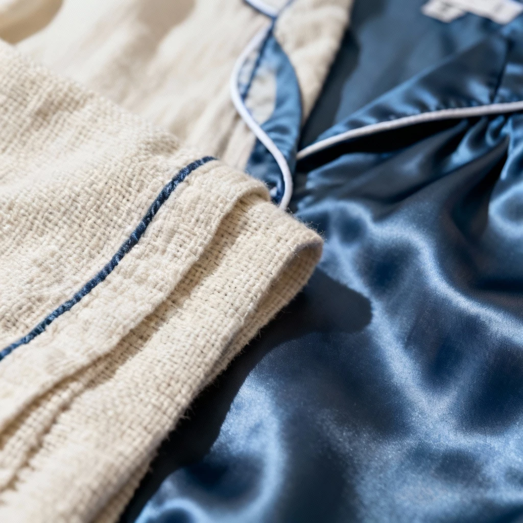 Detal materiału piżamy: ekstremalne zbliżenie na splot bawełny organicznej i satyny. Kadr ukazujący różnice w gęstości włókien i fakturze tkanin