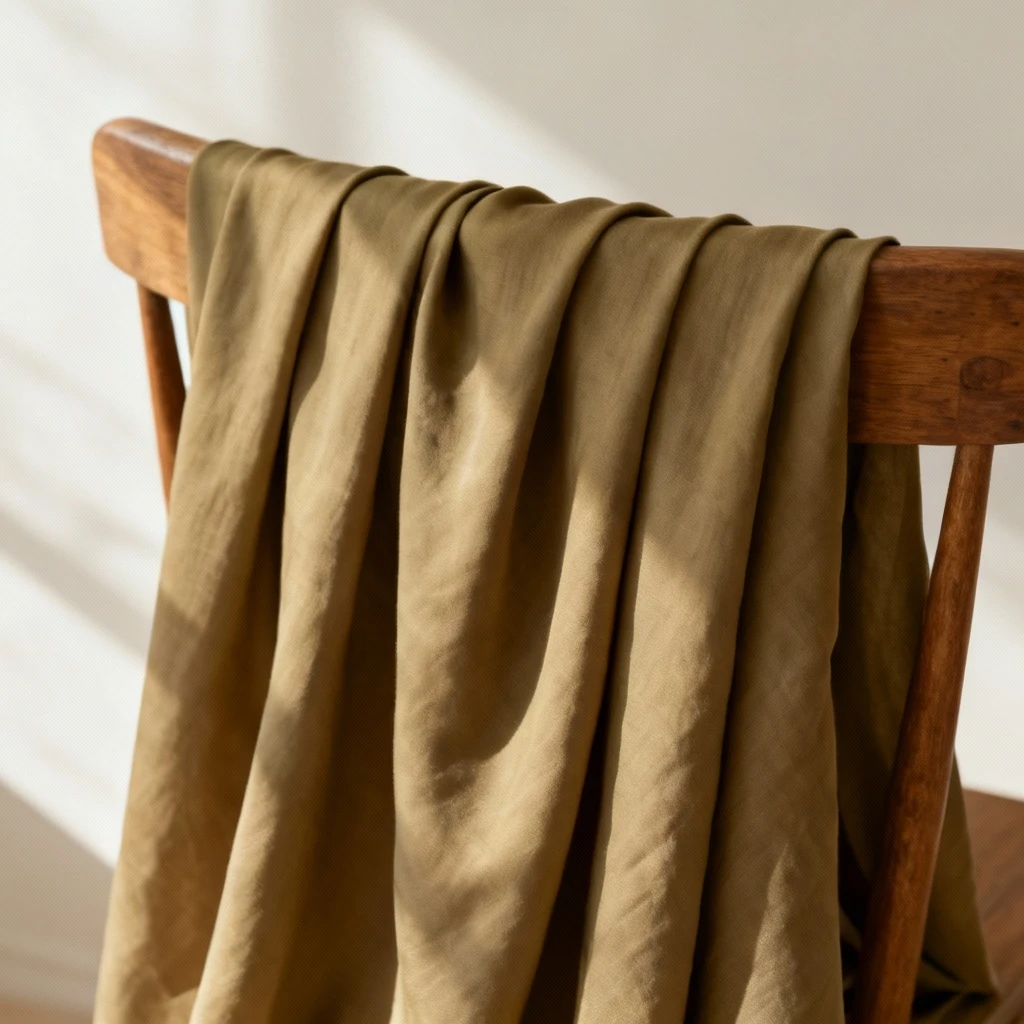 Alternacyjne fałdy tkaniny wiskozowej w kolorze khaki układające się w elegancką draperię na drewnianym oparciu krzesła, oświetlone miękkim światłem porannym