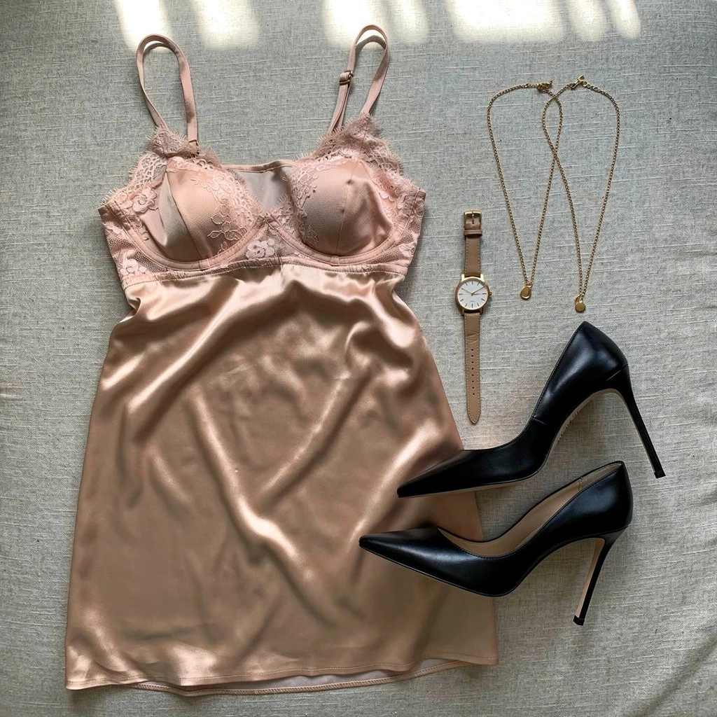 Flat lay composition: A blush pink lace bra layered over a silk slip dress in champagne color, next to a pair of sleek black stiletto heels with pointed toes, two delicate gold chain necklaces and a minimalist watch, on a light grey textured fabric background.