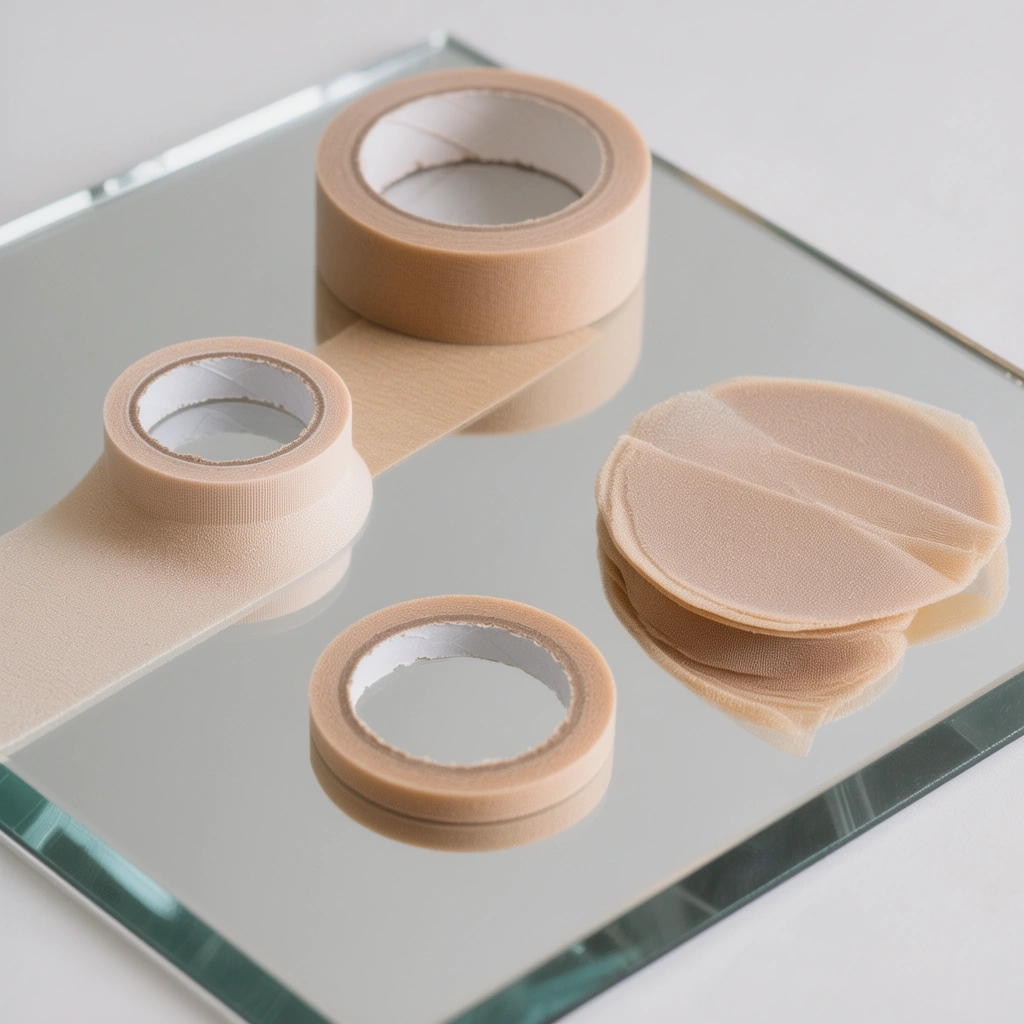 Zbliżenie fragmentu kobiecych pleców i ramion bez ubrania, z dobrze zastosowanym pionowym klejeniem taśm do biustu. Taśmy są niewidoczne jako rozstawione pionowo, kolor zbliżony do karnacji, mocno przylegające na dole pleców. Widok z profilu, przedstawiony subtelny efekt podniesienia. Proste i naturalne tło.